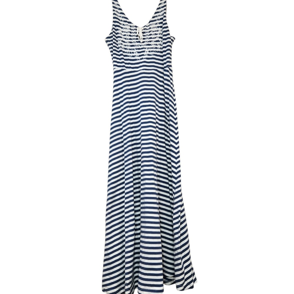 Chaps Sz Medium Blue White Lace-up Stripe Sleeveless Midi‎ Dress Cotton Nautical